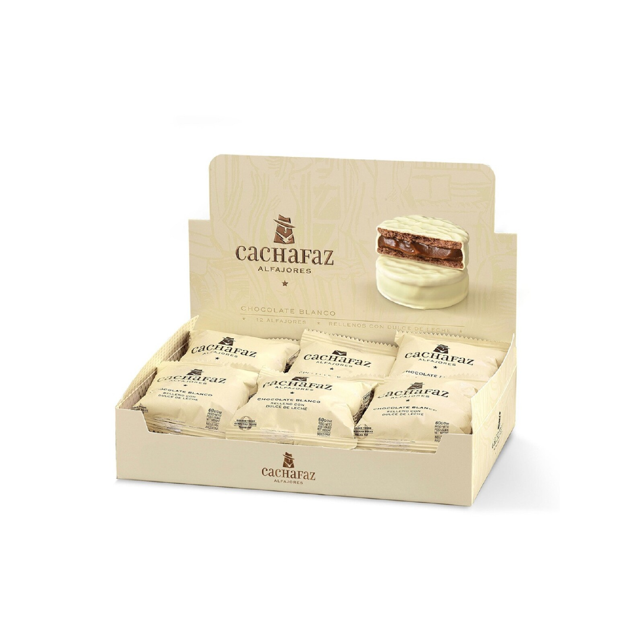 ALFAJOR CACHAFAZ CUBIERTO CON CHOCOLATE BLANCO X12