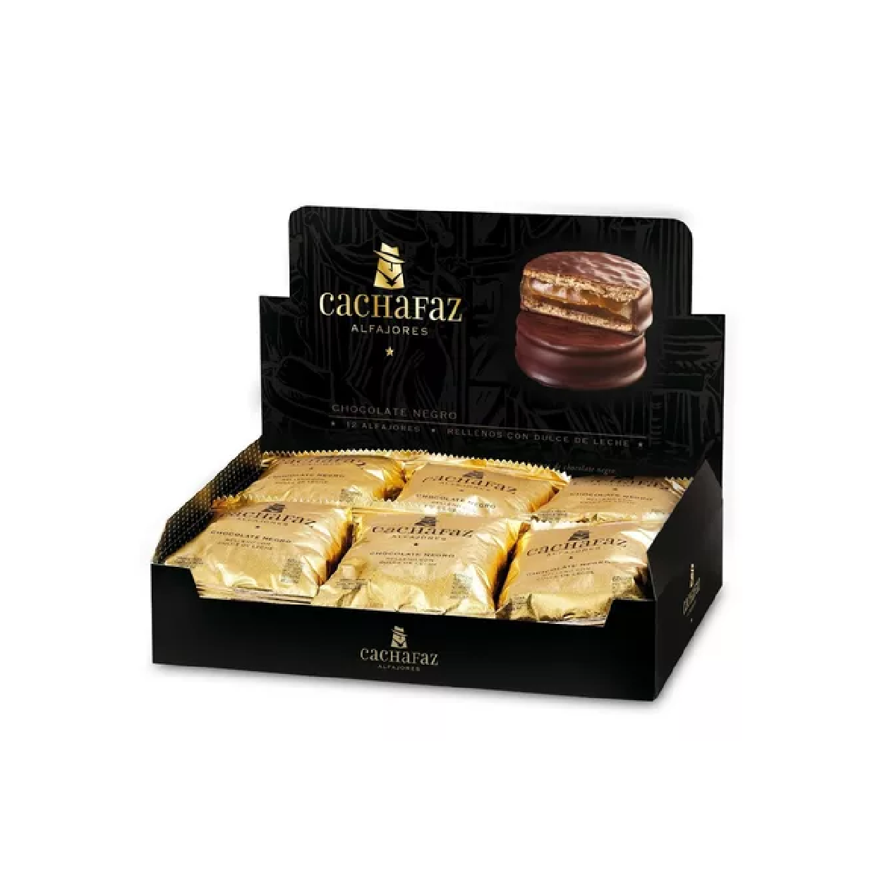 ALFAJOR CACHAFAZ CUBIERTO CON CHOCOLATE NEGRO X12